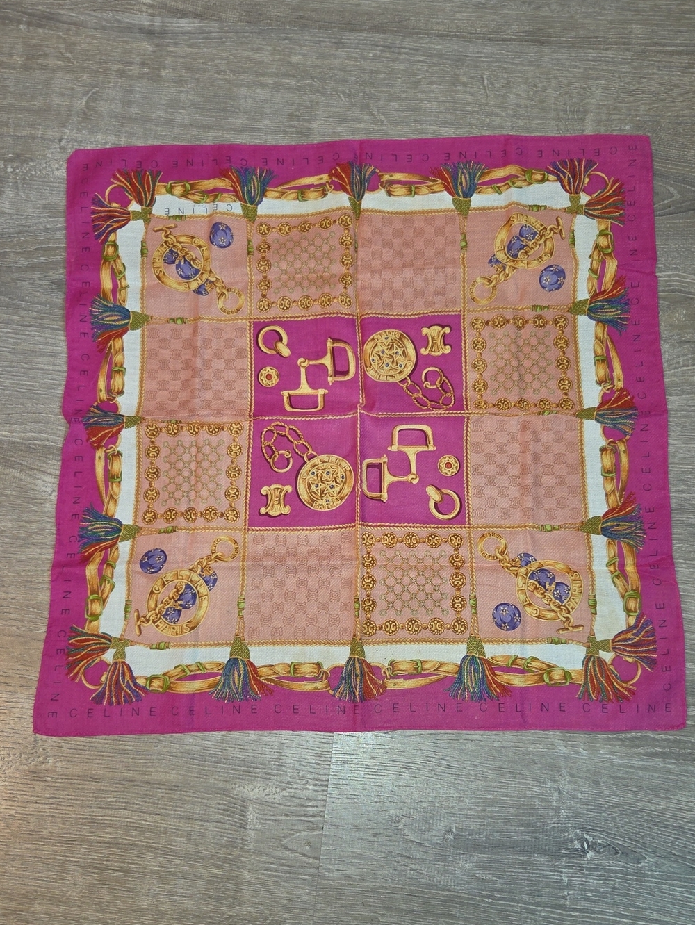 Celine Cotton Handkerchief in Fuchsia, Peach & Gold Equestrian Motif